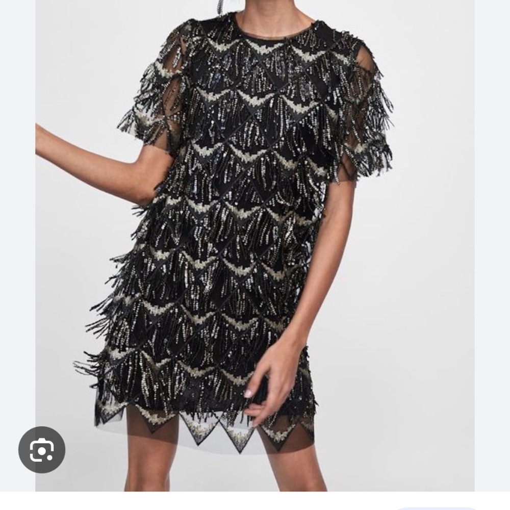 Zara Black and Silver Beaded Fringe Mini Dress